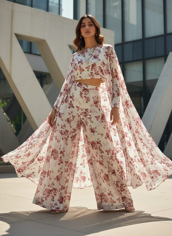White Red Floral Sprigs Pure Chinon Digital Printed Fabric - Cape with Palazzo Lookbook - PC-0-TA06839P3-106 - alternate view