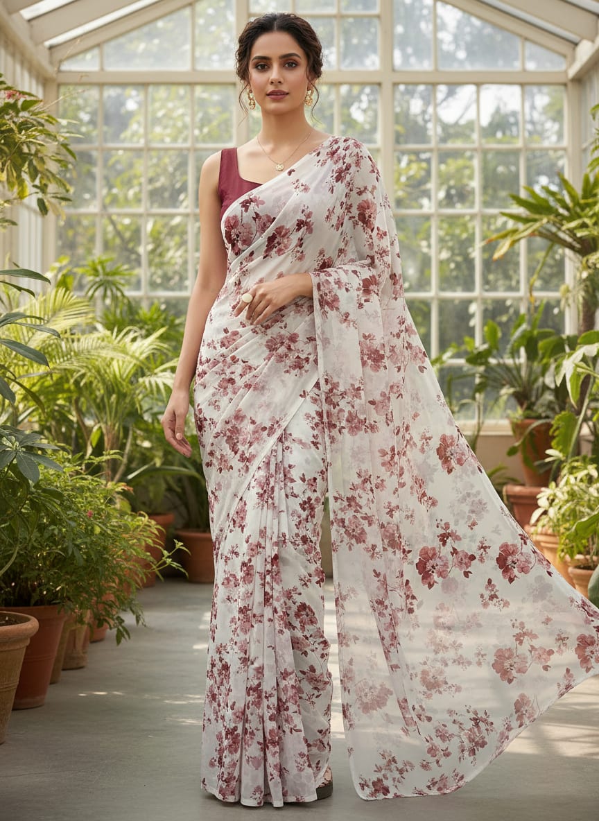 Maroon Flower Bunch Digital Printed Fabric - Pure Chiffon
