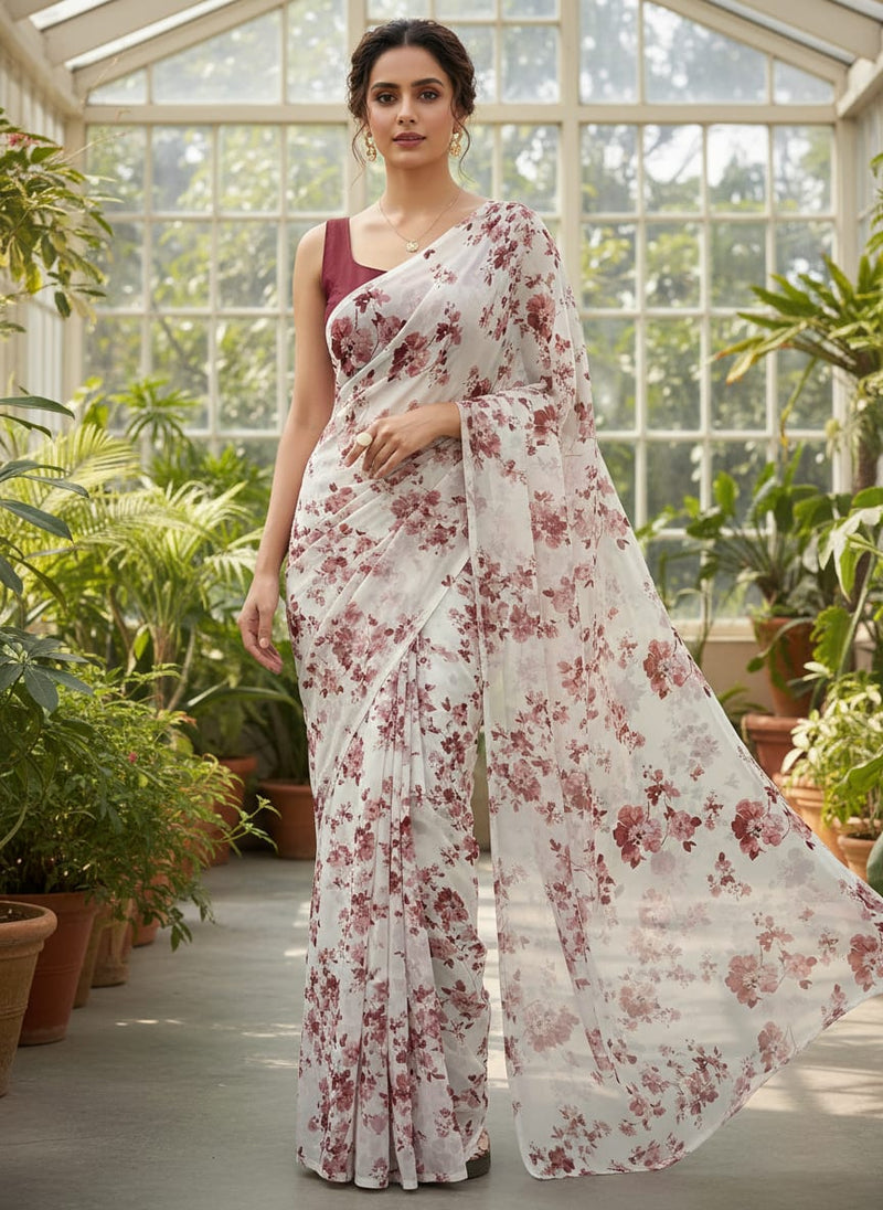 Maroon Flower Bunch Digital Printed Fabric - Pure Chiffon
