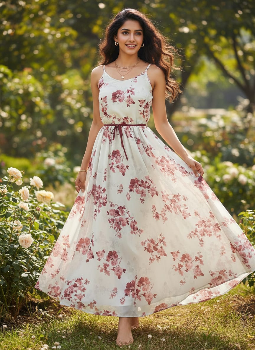 White Scattered Pink Floral Pure Chiffon Digital Printed Fabric