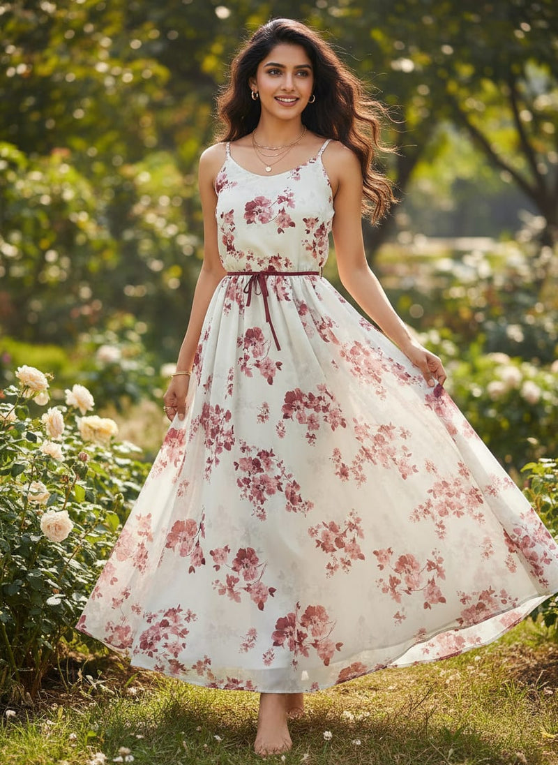 White Scattered Pink Floral Pure Chiffon Digital Printed Fabric