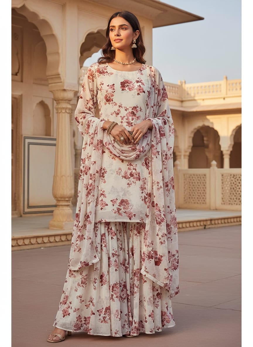 White Scattered Pink Floral Pure Chiffon Digital Printed Fabric