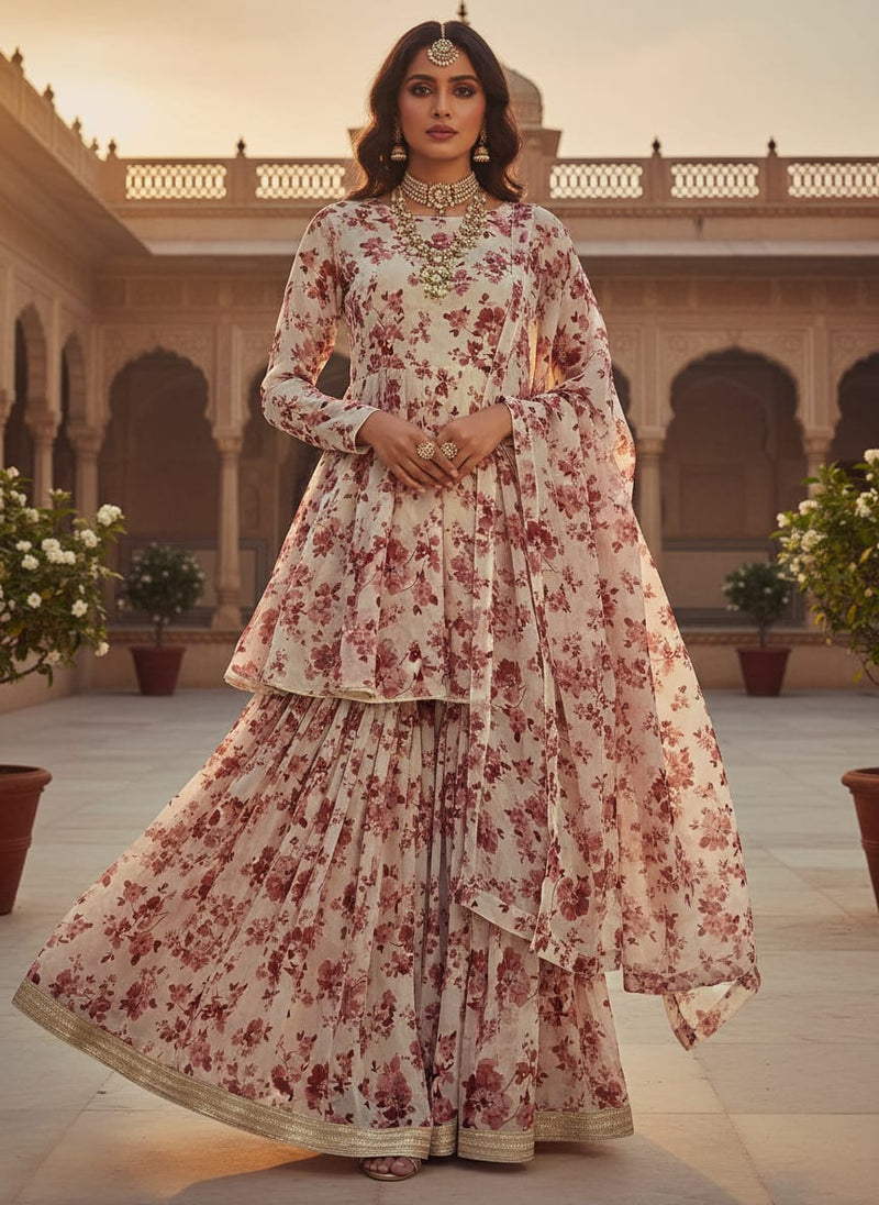 White Scattered Pink Floral Pure Chiffon Digital Printed Fabric