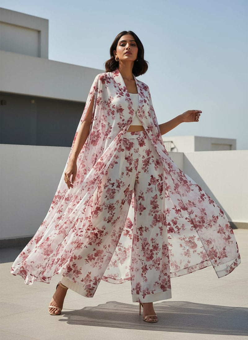 White Scattered Pink Floral Pure Chiffon Digital Printed Fabric