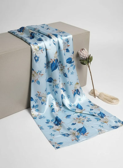 Blue and White Botanical Floral Japan Satin Digital Printed Fabric