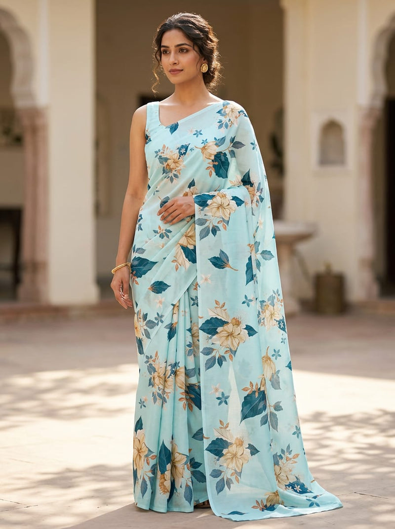 Blue Teal and Cream Botanical Floral Kora Silk Digital Printed Fabric