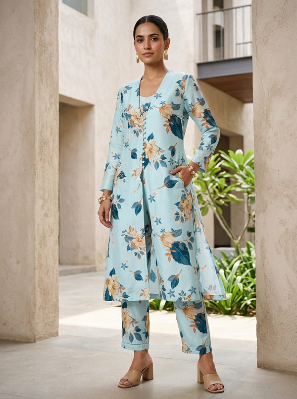Blue Teal and Cream Botanical Floral Kora Silk Digital Printed Fabric - Jacket Kurta with Straight Pants Lookbook - KS-0-TA07233P1-110 - alternate view
