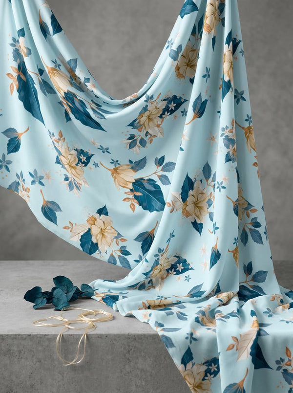 Blue Teal and Cream Botanical Floral Kora Silk Digital Printed Fabric - Fabric Editorial Studio Flatlay Lookbook - KS-0-TA07233P1-110