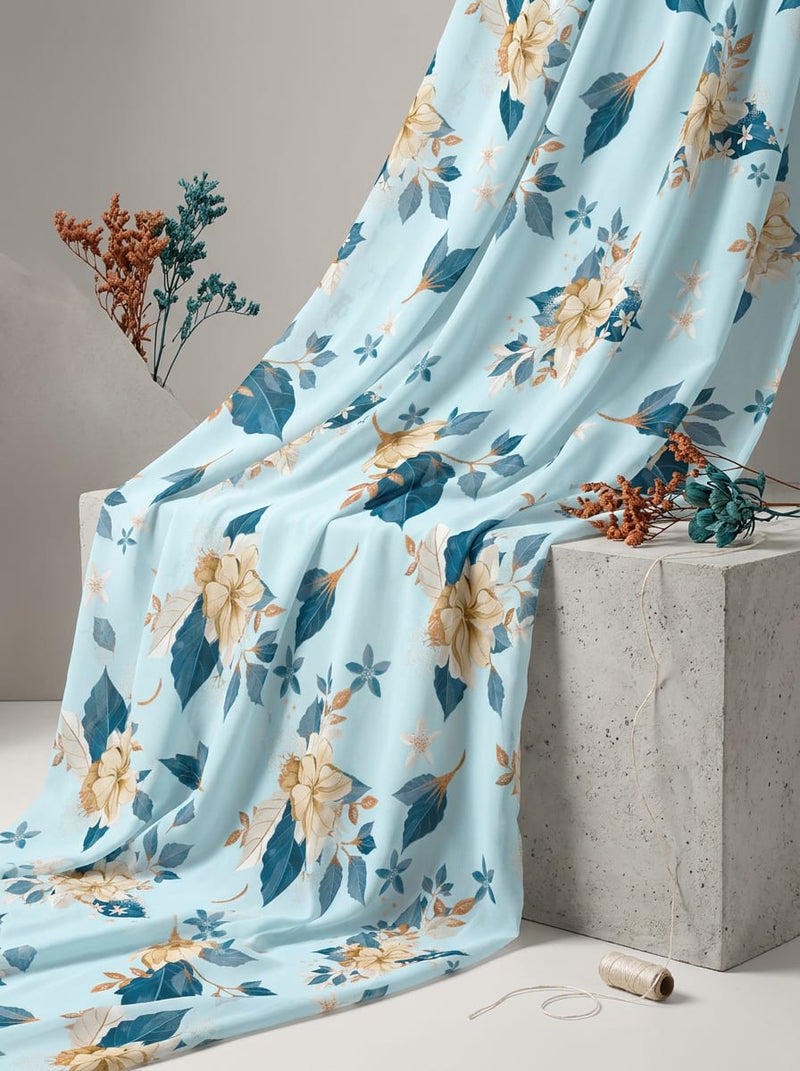 Blue Botanical Floral Bouquets Weightless Digital Printed Fabric
