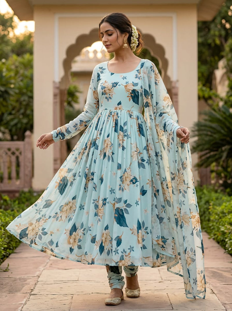 Blue Botanical Floral Bouquets Weightless Digital Printed Fabric