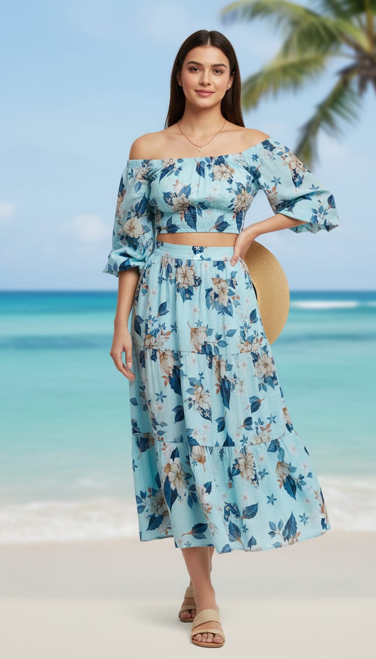 Flower On Ocean Blue Digital Printed Fabric - Muslin