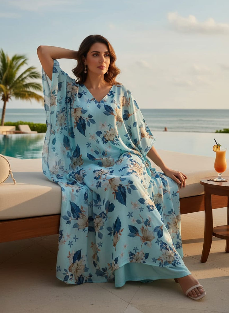 Flower On Ocean Blue Digital Printed Fabric - Muslin