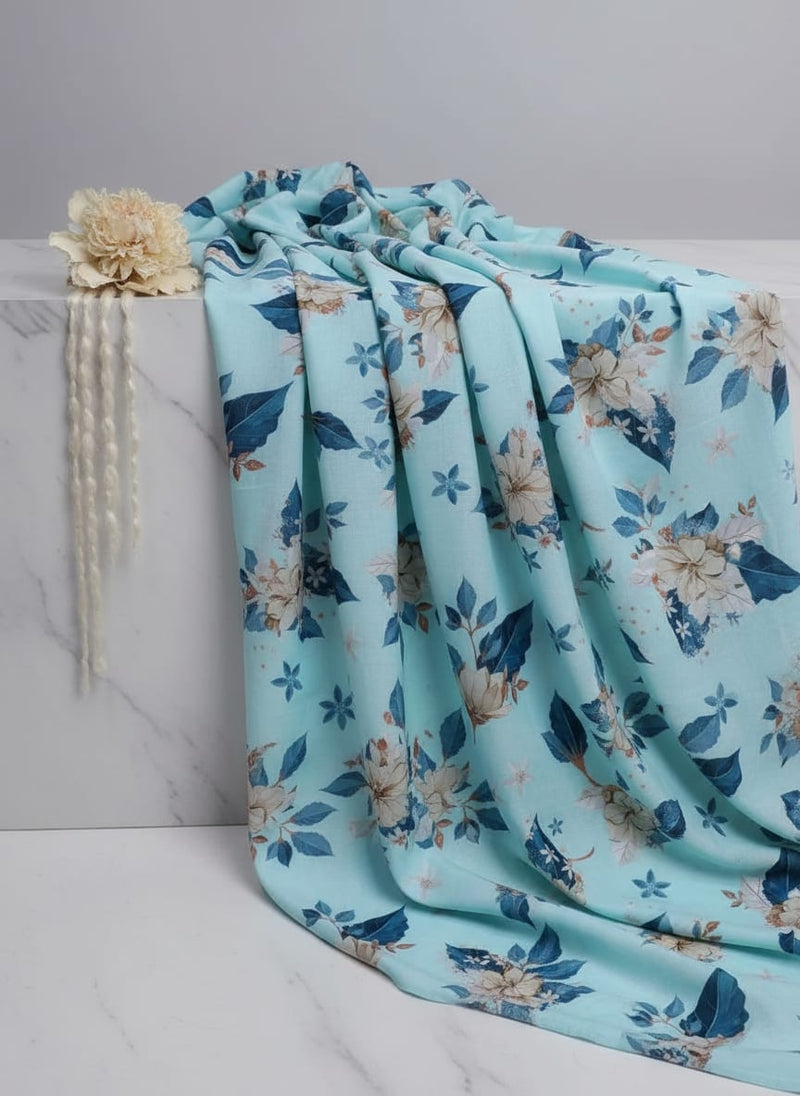 Flower On Ocean Blue Digital Printed Fabric - Muslin