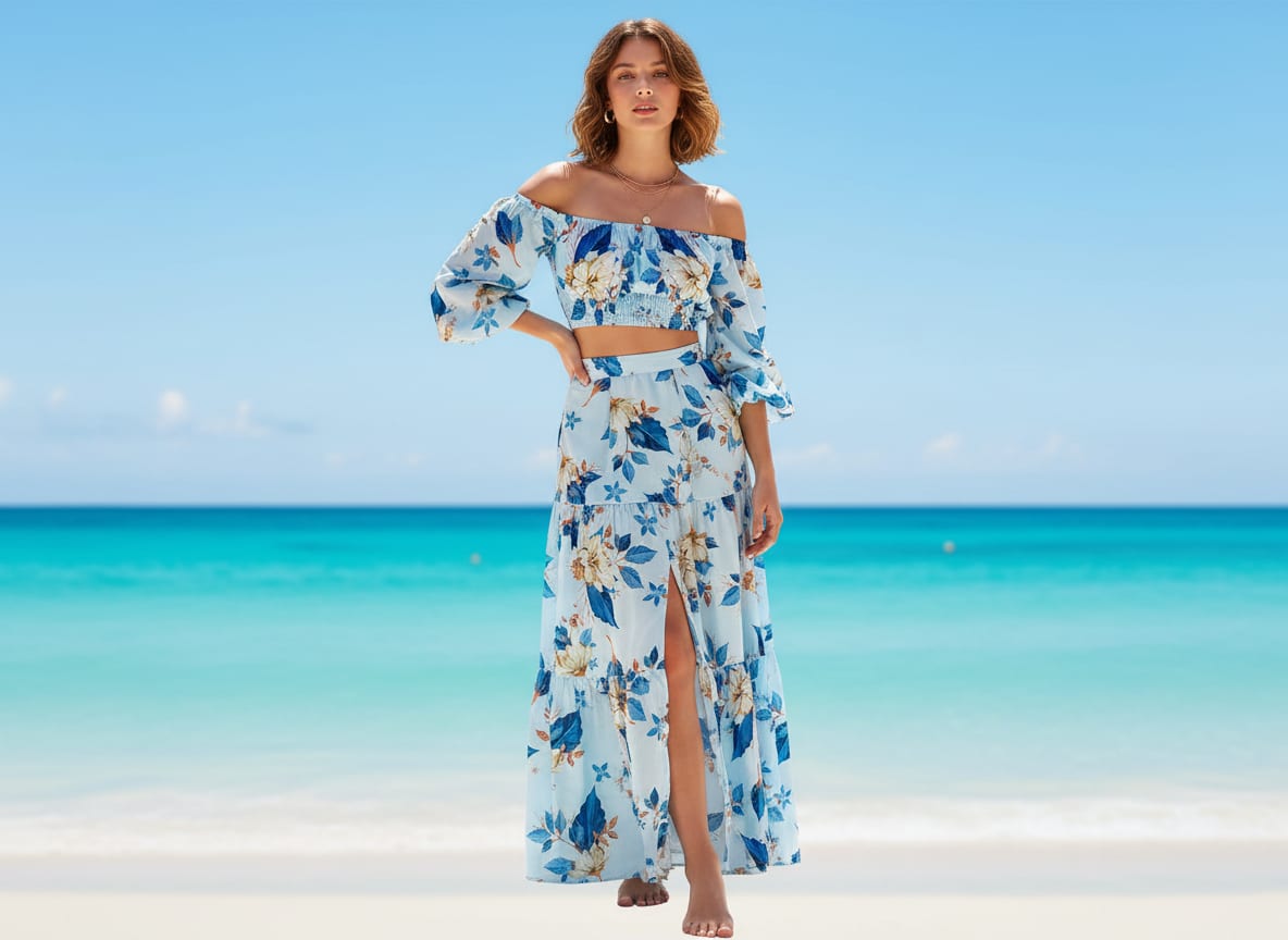 Blue and Cream Botanical Floral Silk Crepe Digital Printed Fabric