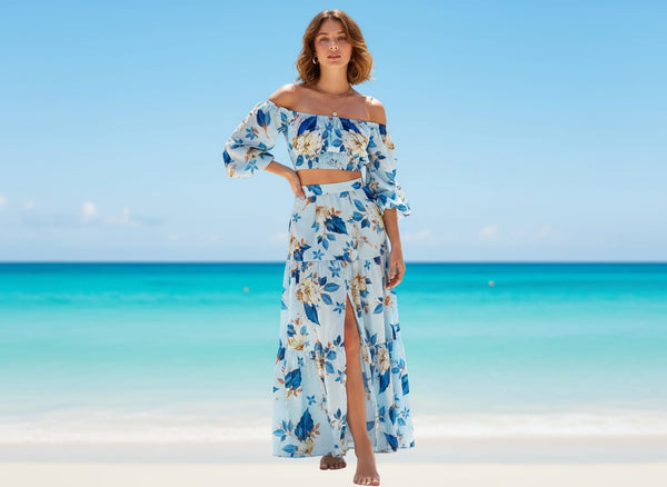 Flower On Ocean Blue Digital Printed Fabric - Crepe - alternate view