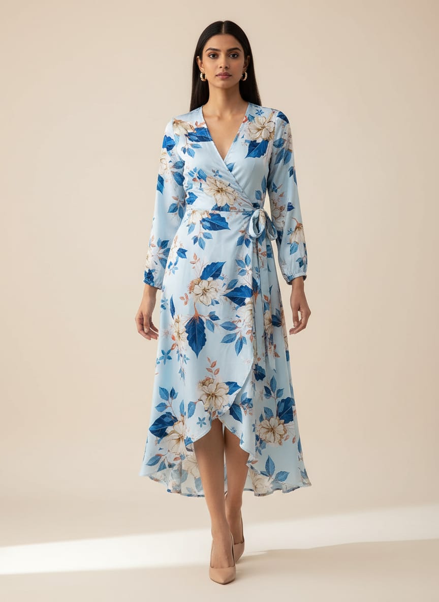 Blue and Cream Botanical Floral Silk Crepe Digital Printed Fabric