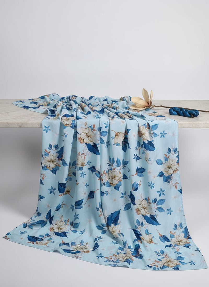 Blue and Cream Botanical Floral Silk Crepe Digital Printed Fabric