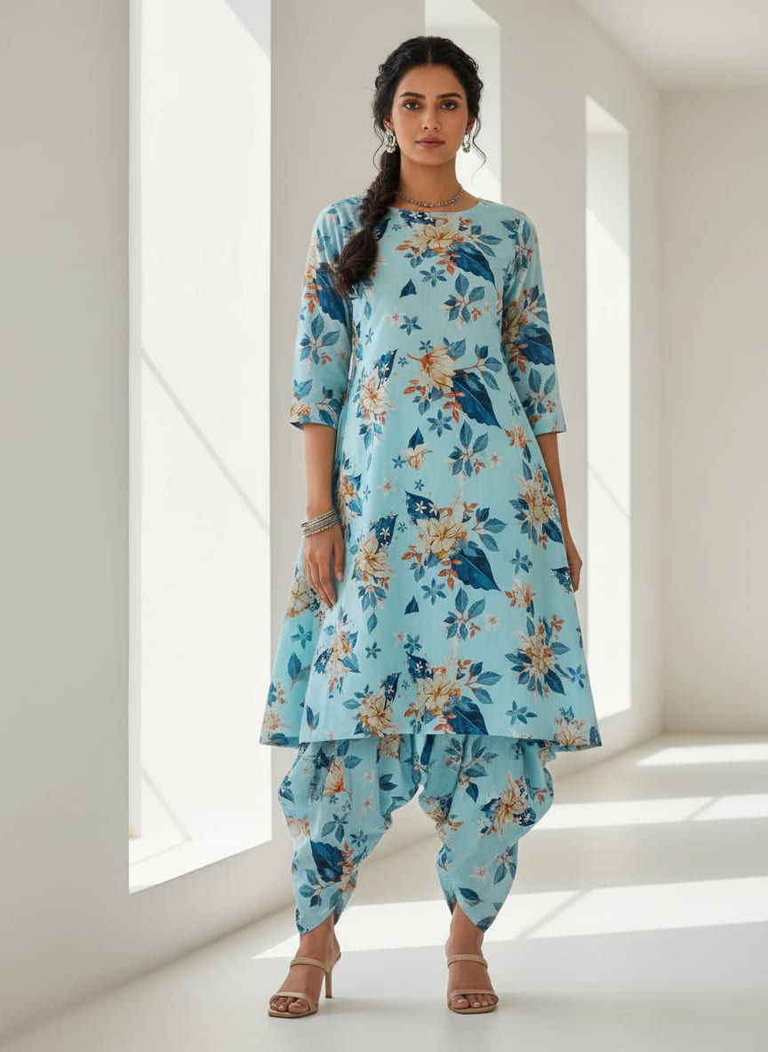 Flower On Ocean Blue Digital Printed Fabric - Pure Cotton