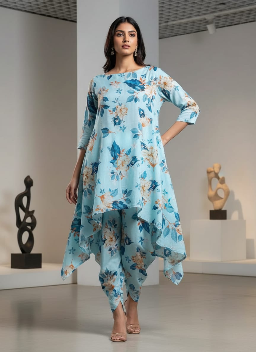 Blue Cream and Blue Botanical Floral Pure Cotton Digital Printed Fabric
