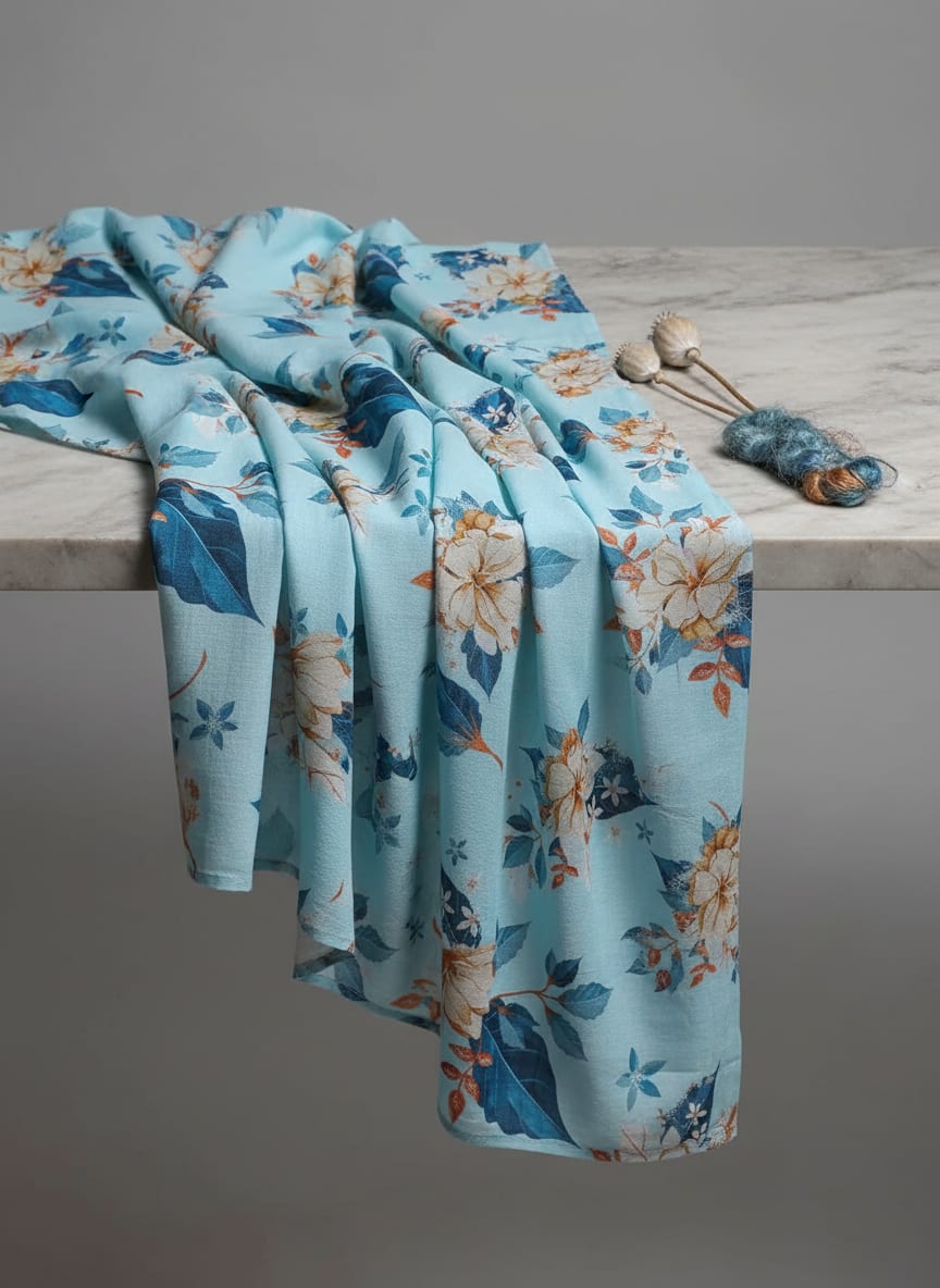 Blue Cream and Blue Botanical Floral Pure Cotton Digital Printed Fabric