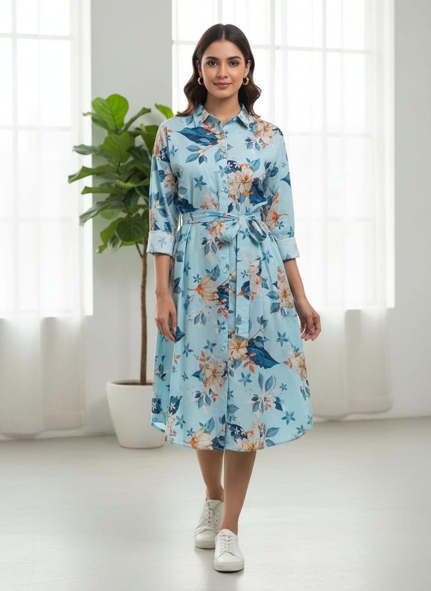 Blue Cream and Blue Botanical Floral Pure Cotton Digital Printed Fabric