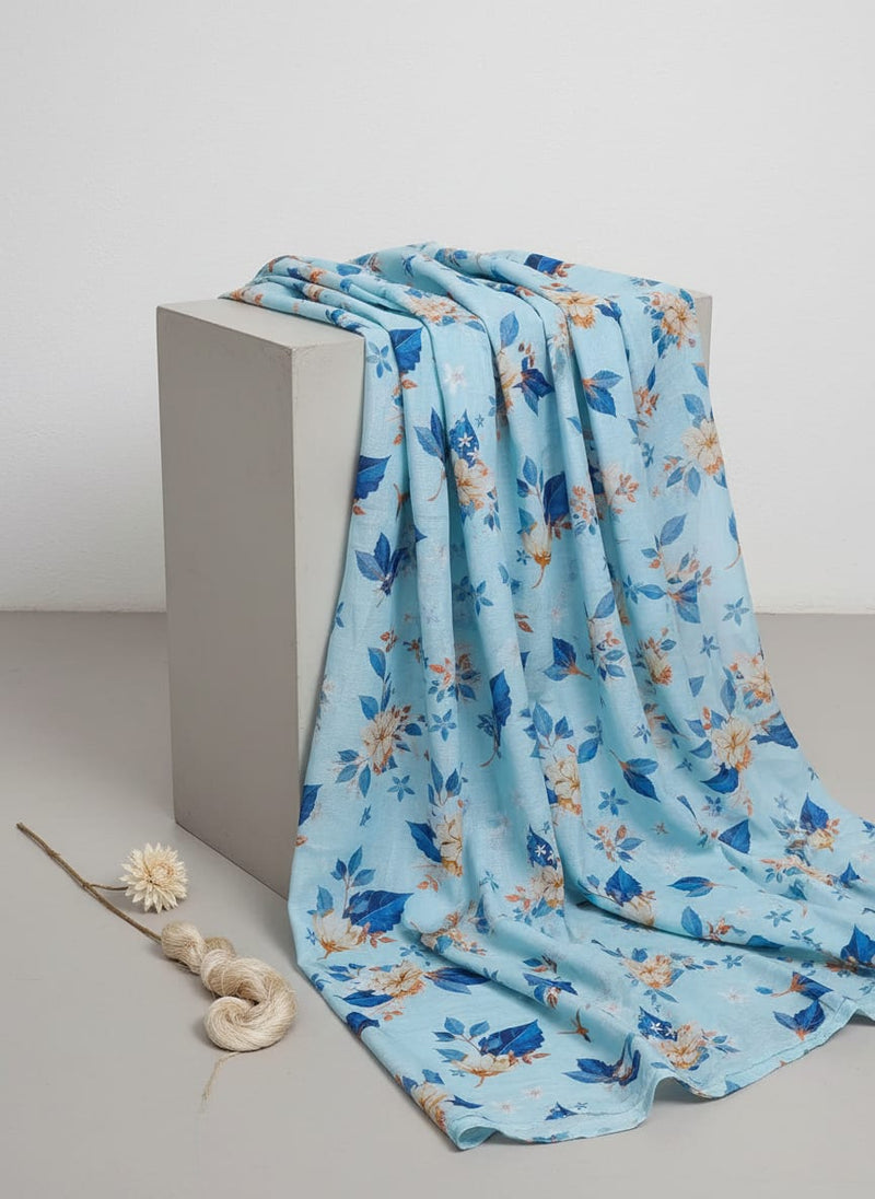 Flower On Ocean Blue Digital Printed Fabric - Pure Muslin