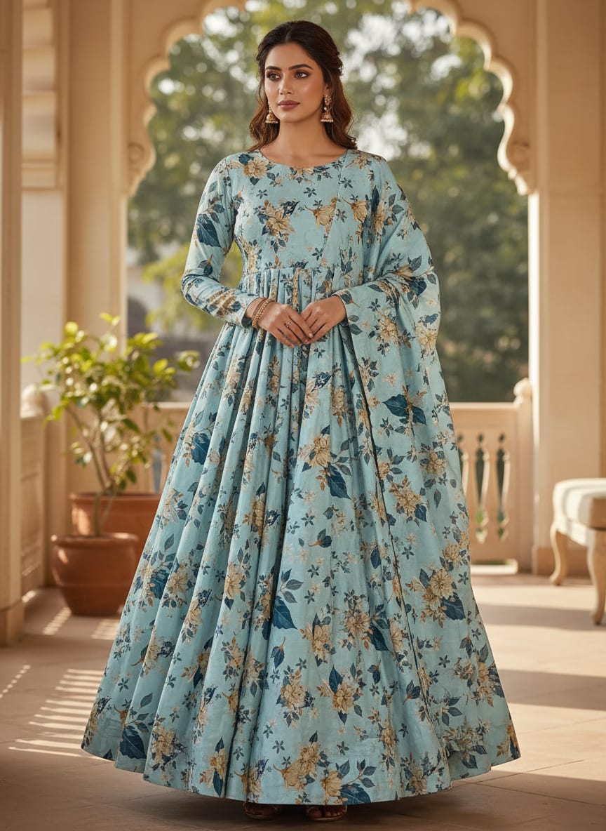 Blue Botanical Floral Bouquets Upada Silk Digital Printed Fabric