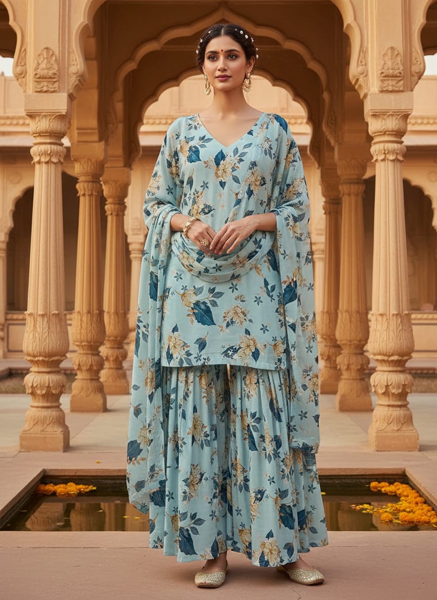 Blue Botanical Floral Bouquets Upada Silk Digital Printed Fabric