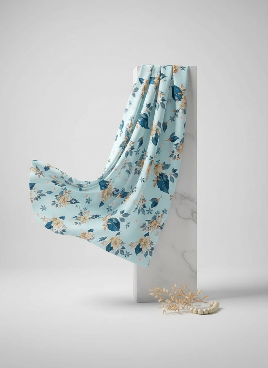 Blue Botanical Floral Bouquets Upada Silk Digital Printed Fabric