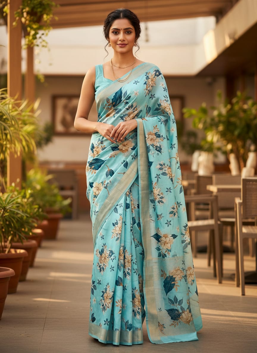 Blue Botanical Floral Bouquets Upada Silk Digital Printed Fabric
