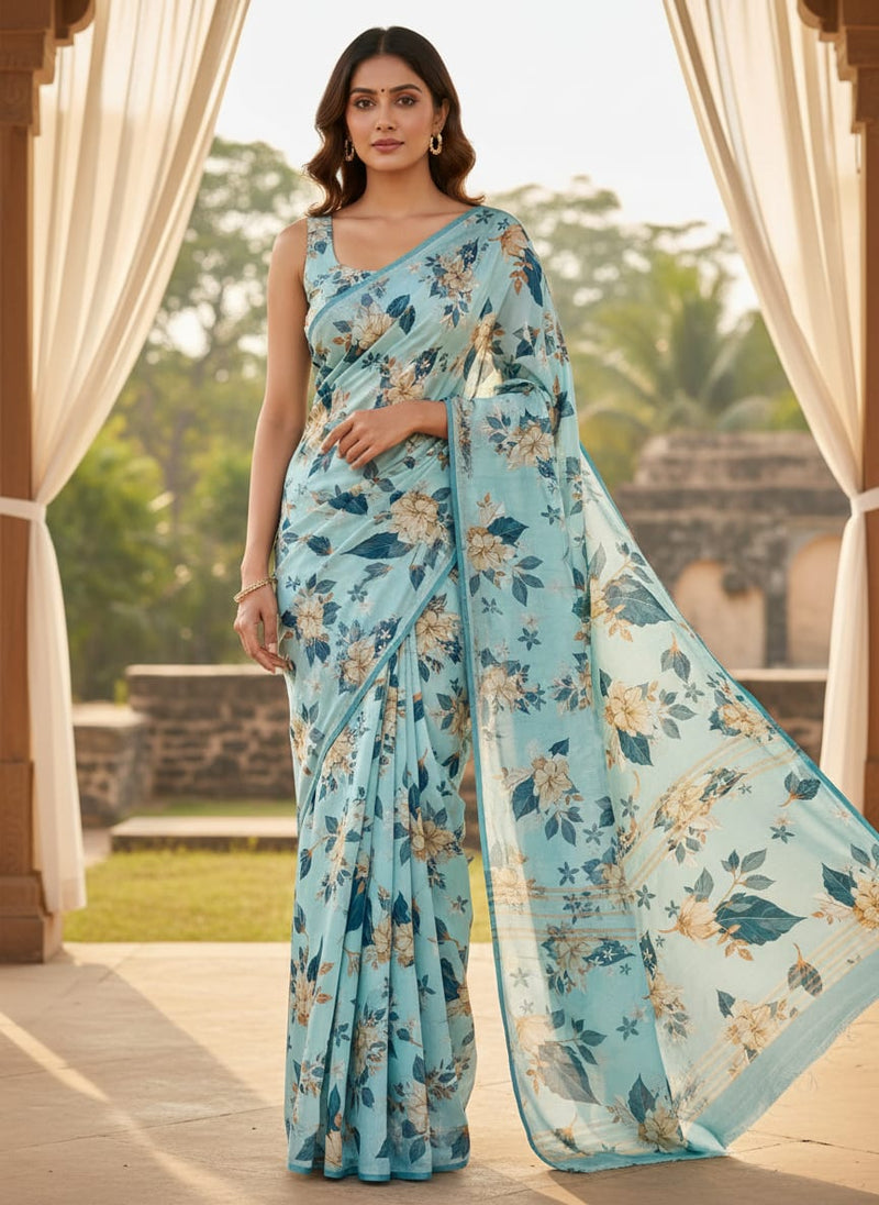Flower On Ocean Blue Digital Printed Fabric - Upada Silk