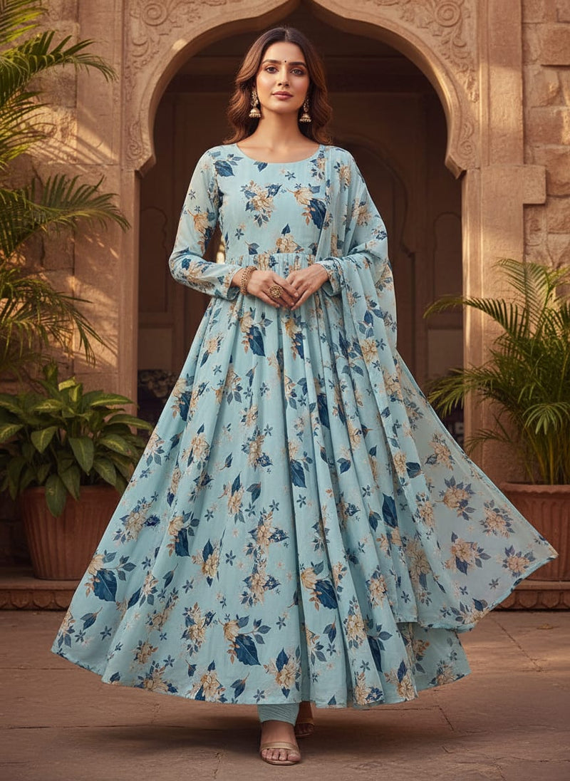 Flower On Ocean Blue Digital Printed Fabric - Upada Silk