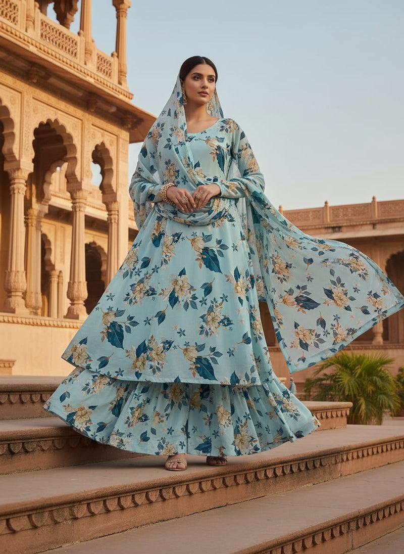 Flower On Ocean Blue Digital Printed Fabric - Upada Silk