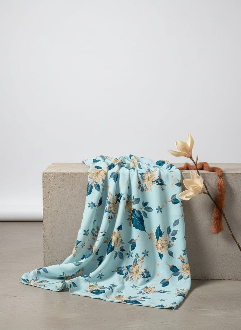 Flower On Ocean Blue Digital Printed Fabric - Upada Silk