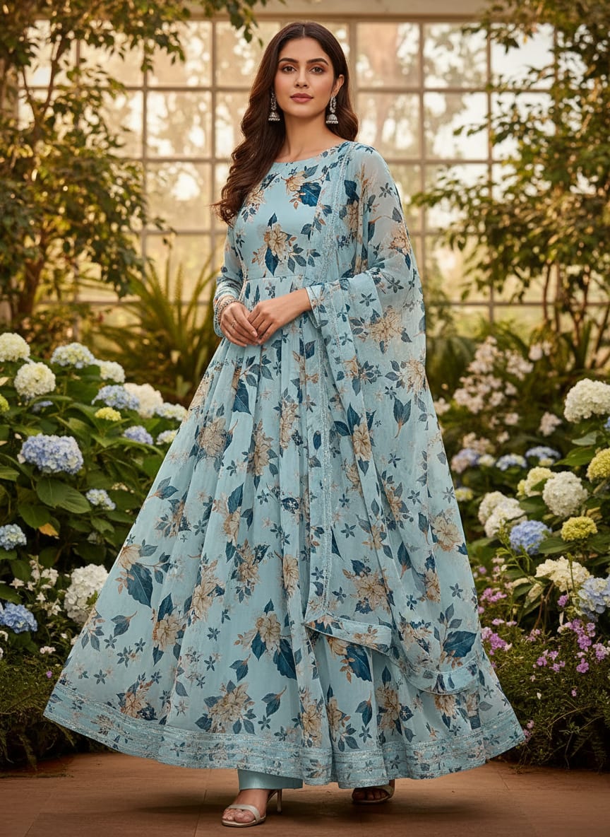 Blue Scattered Botanical Floral Pure Georgette Digital Printed Fabric