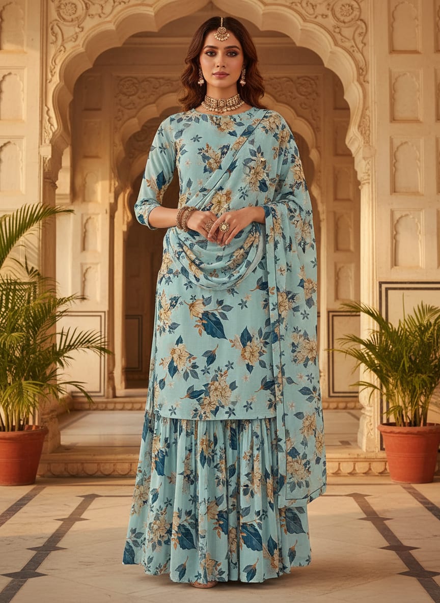 Blue Scattered Botanical Floral Pure Georgette Digital Printed Fabric