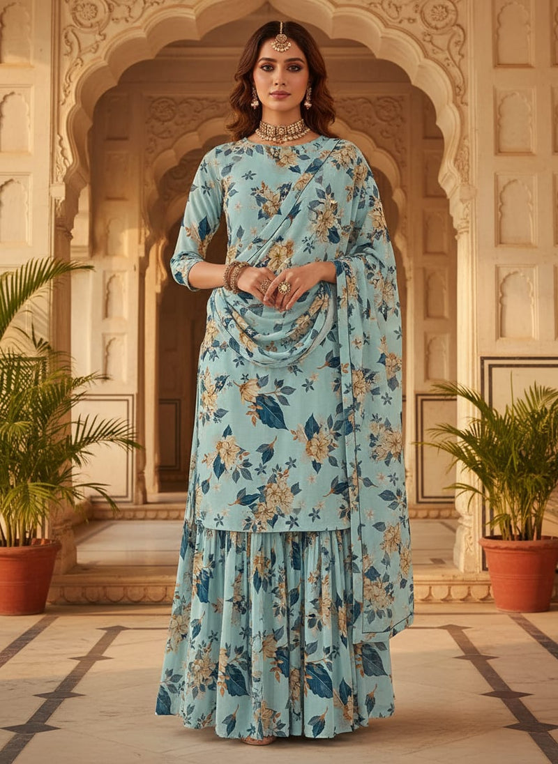 Blue Scattered Botanical Floral Pure Georgette Digital Printed Fabric
