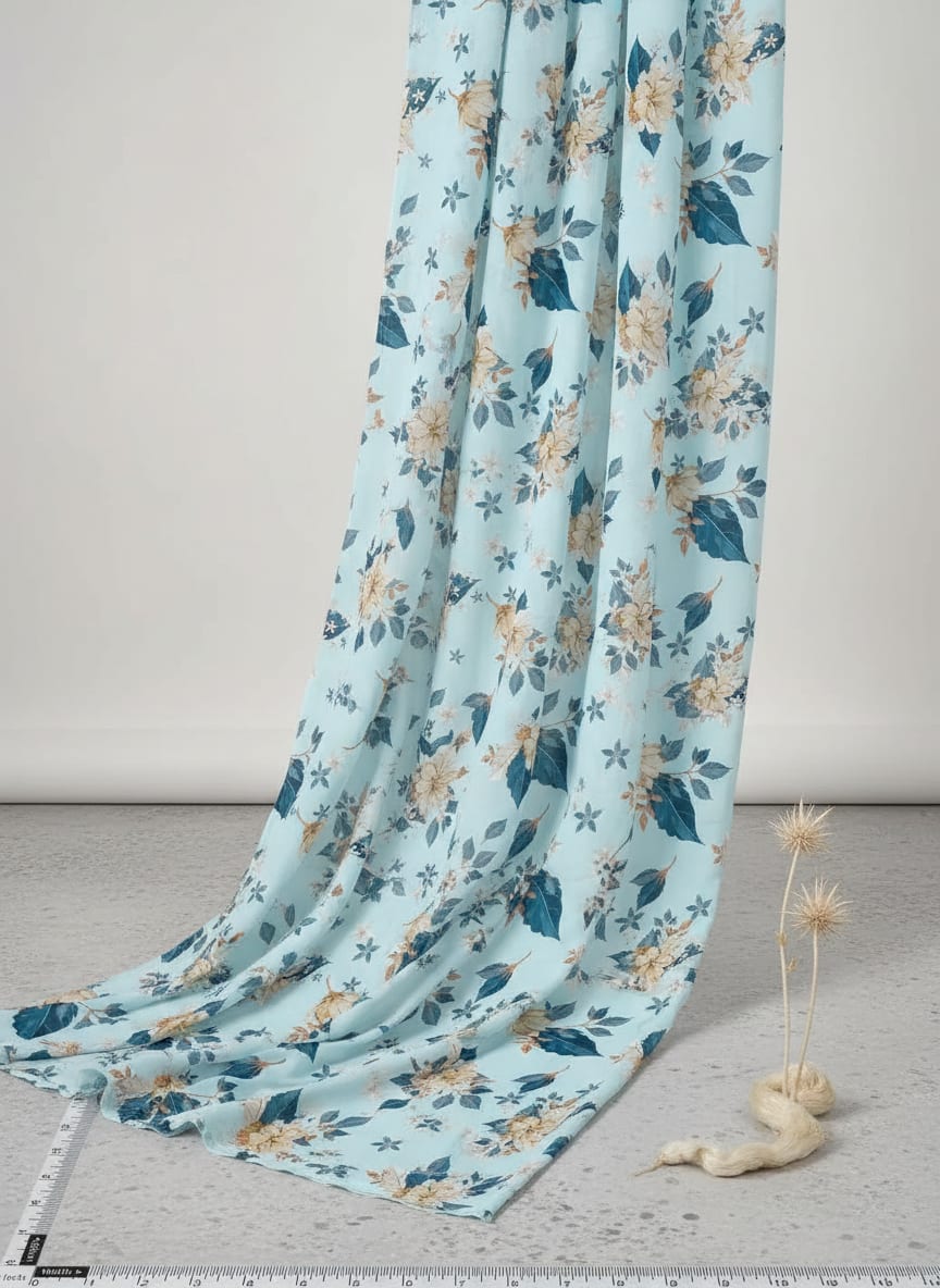 Blue Scattered Botanical Floral Pure Georgette Digital Printed Fabric