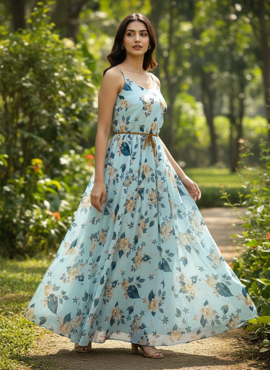Blue Scattered Botanical Floral Pure Georgette Digital Printed Fabric