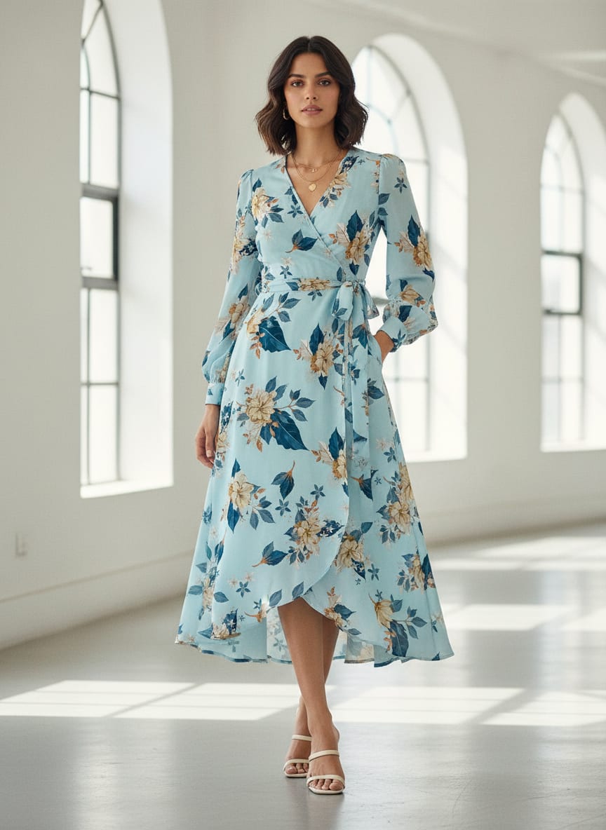 Blue Scattered Botanical Floral Pure Georgette Digital Printed Fabric