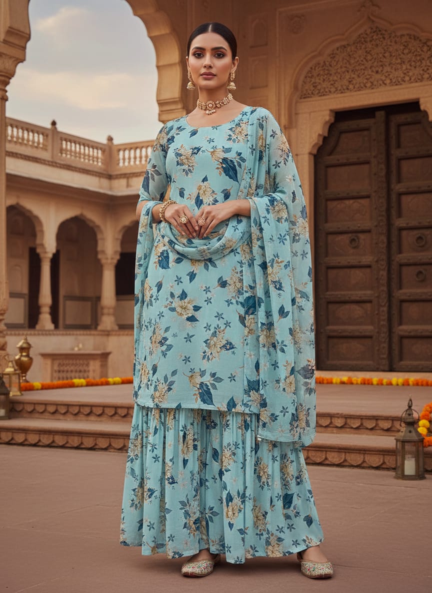 Blue Scattered Botanical Floral Pure Georgette Digital Printed Fabric