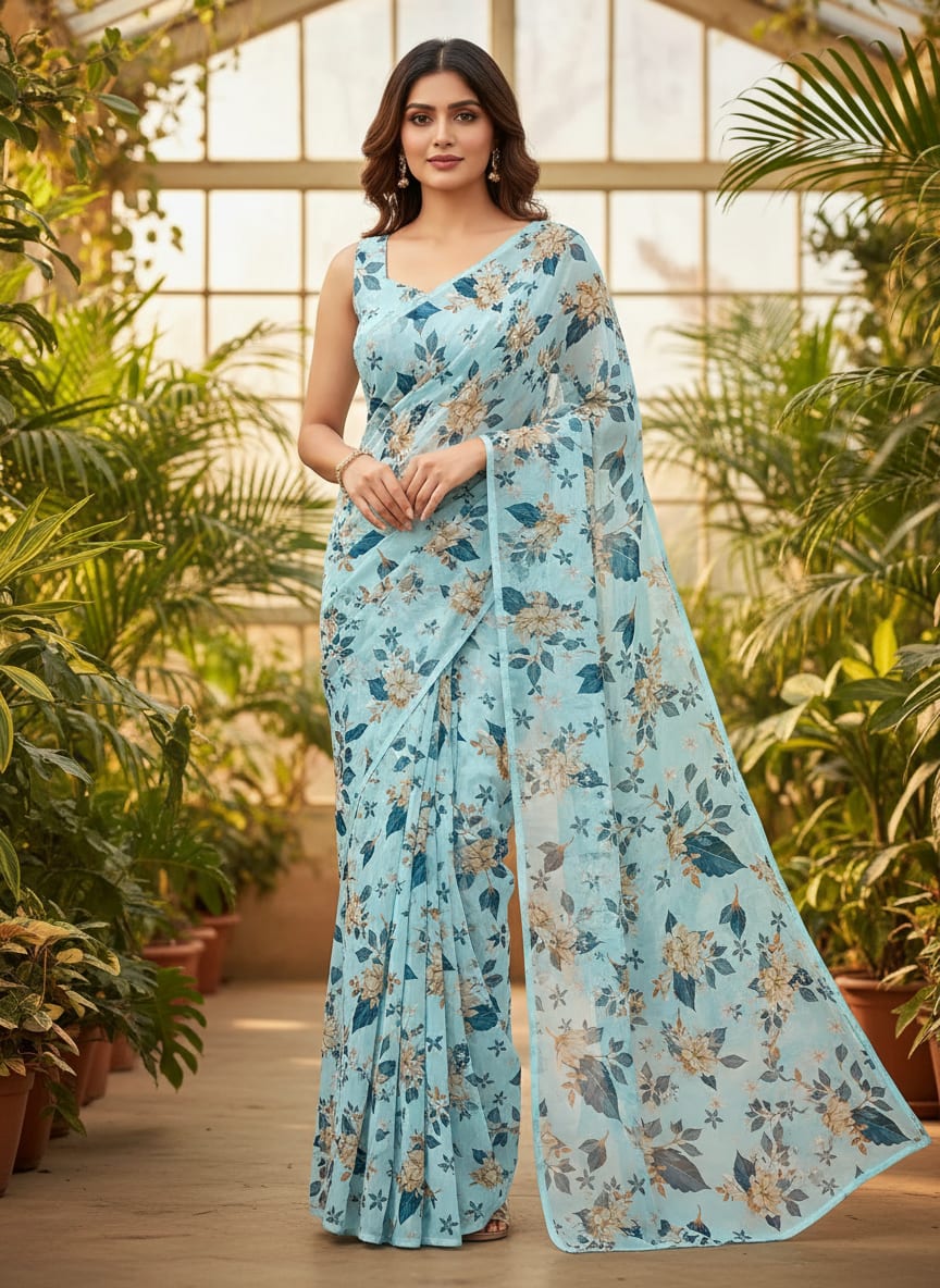 Blue Scattered Botanical Floral Pure Georgette Digital Printed Fabric