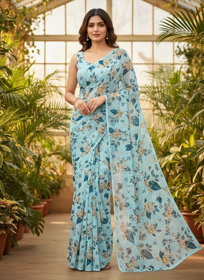 Blue Scattered Botanical Floral Pure Georgette Digital Printed Fabric
