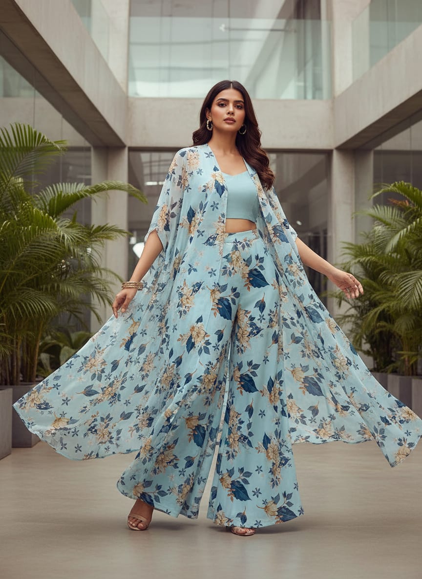Blue Scattered Botanical Floral Pure Georgette Digital Printed Fabric