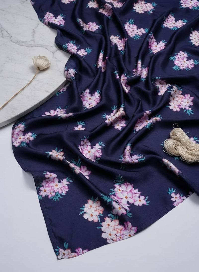 Violet Flower Bunch Digital Printed Fabric - Japan Satin