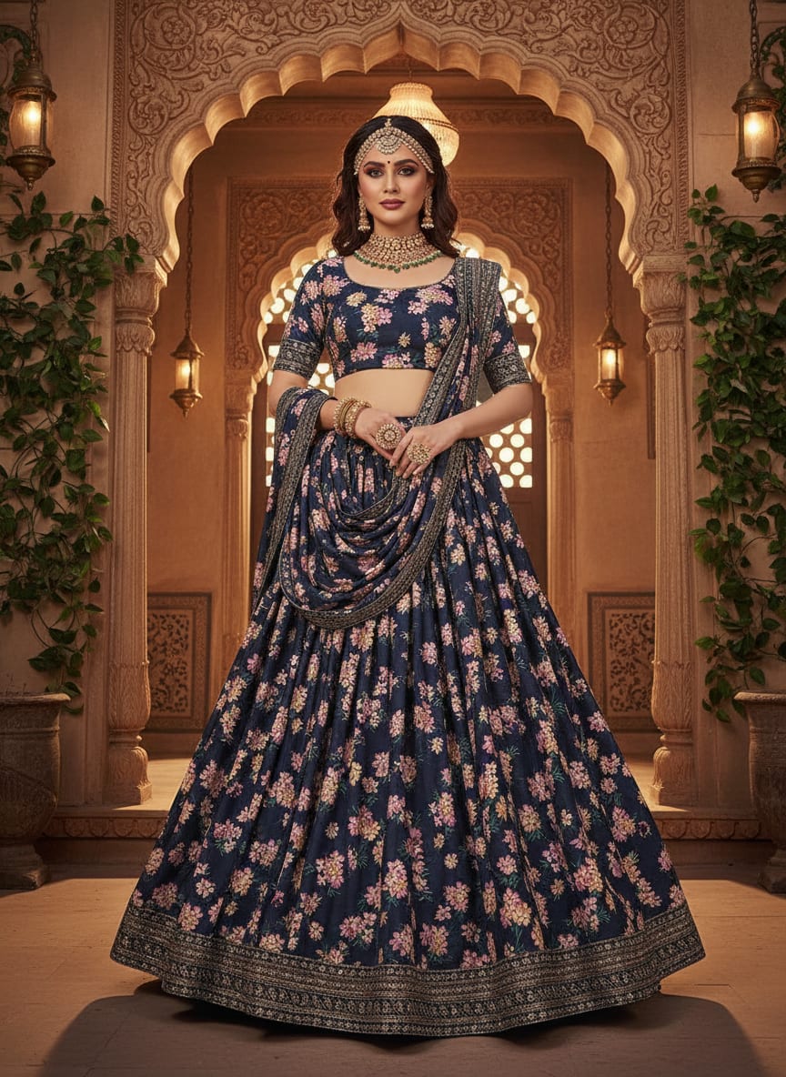 Navy Dainty Floral Clusters Kora Silk Digital Printed Fabric