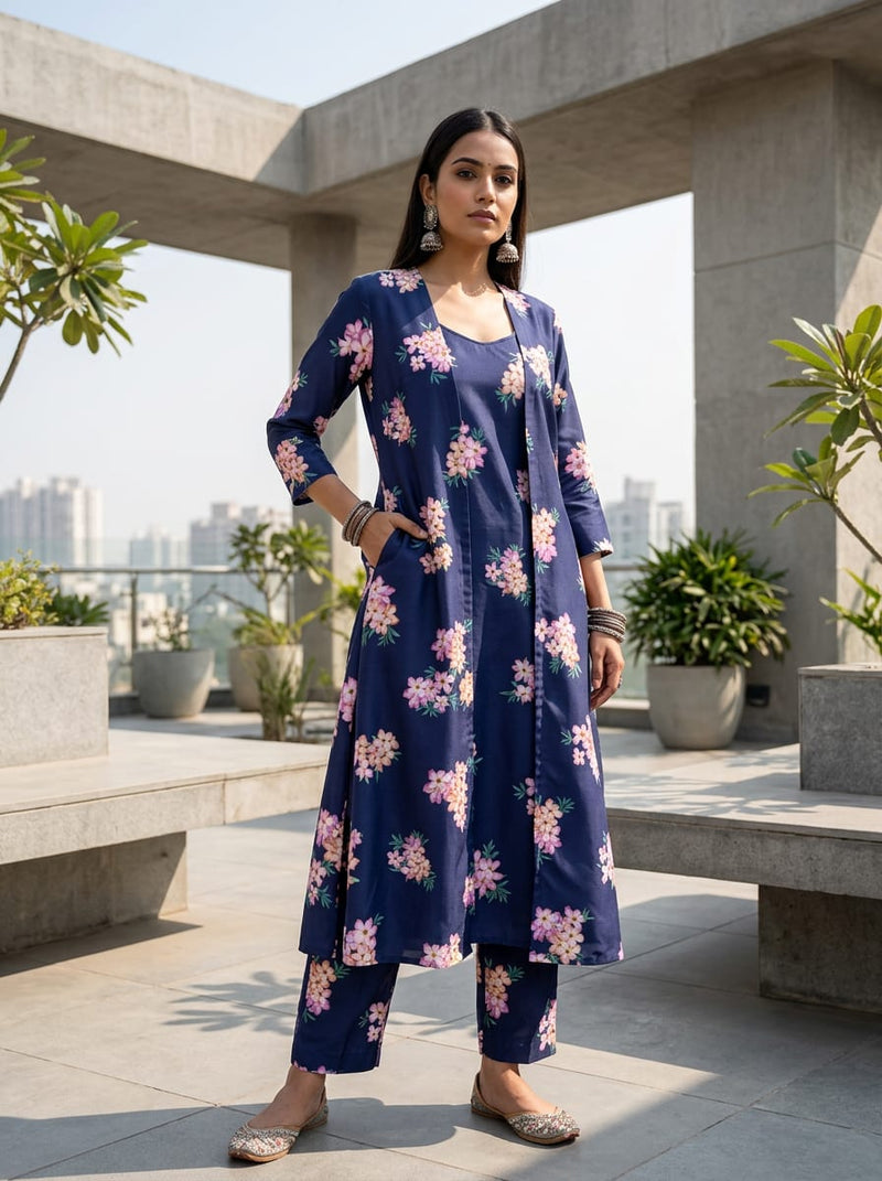 Navy Dainty Floral Clusters Kora Silk Digital Printed Fabric