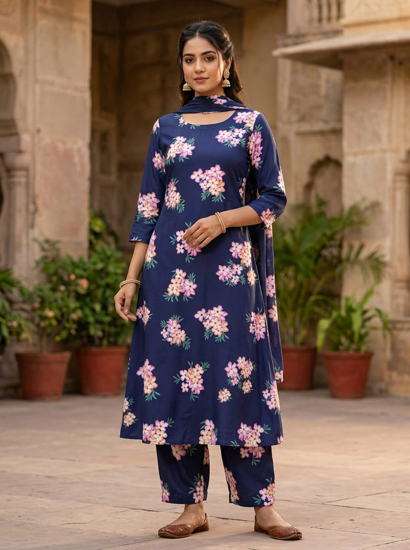 Navy Dainty Floral Clusters Kora Silk Digital Printed Fabric