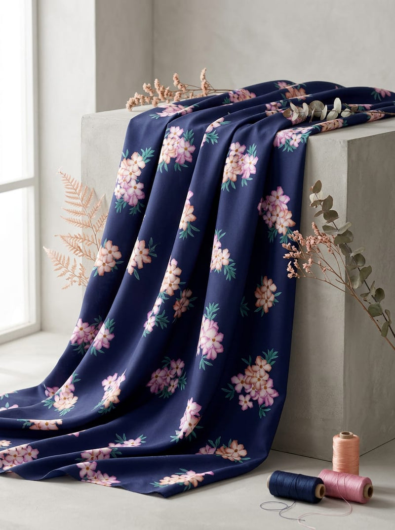 Navy Dainty Floral Clusters Kora Silk Digital Printed Fabric