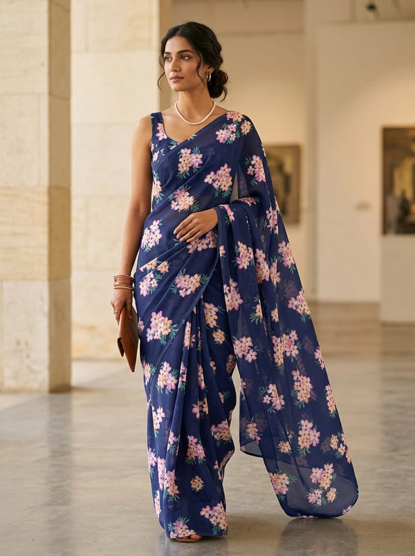 Navy Dainty Floral Clusters Kora Silk Digital Printed Fabric - Saree Lookbook - KS-0-TA07525-110 - alternate view